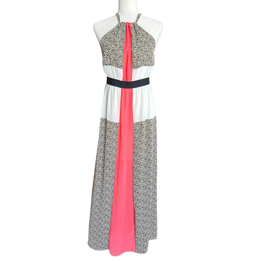 Windsor Chevron Print Halter Maxi Dress Jrs Size S Aztec Sheer Lightweight Coral